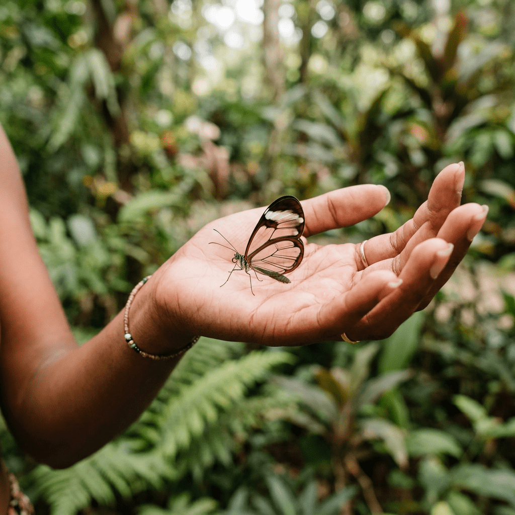 Glasswing butterfly with transparent wings resting on an open hand with green blurred foliage background